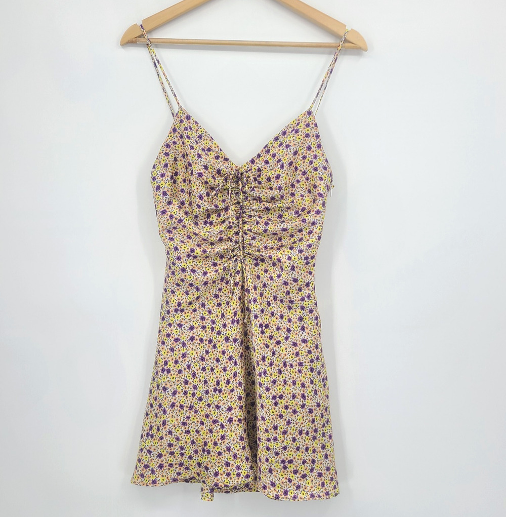 Zara Yellow Purple Floral Dress Ruched Spaghetti Straps Y2K Cottagecore Size S
